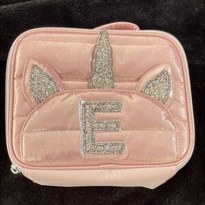 Justice Pink Unicorn Lunch Bag with Glitter 'E' Initial